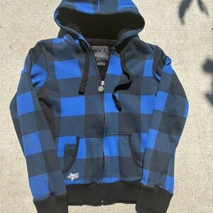 Y2K Vintage Fox Racing Blue & Black Plaid Sherpa-Lined Zip Up Hoodie